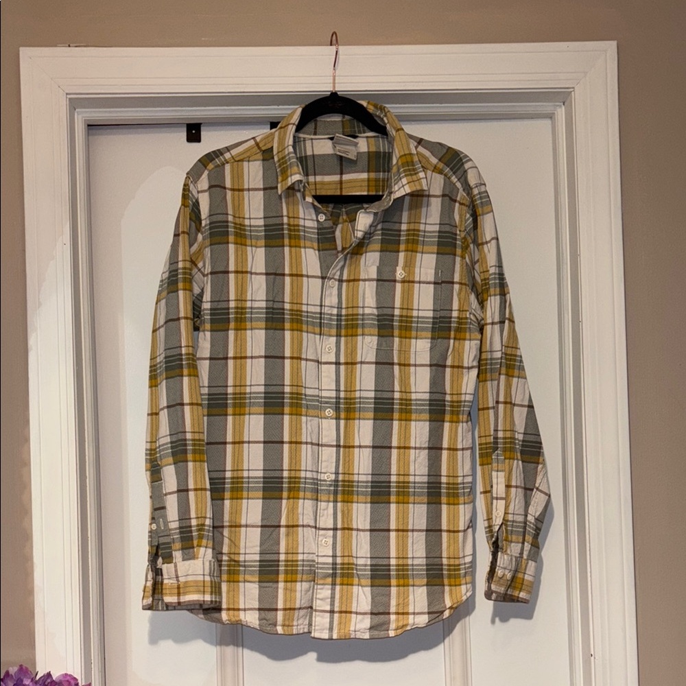 The North Face Men's Yellow and Gray Plaid Cotton Shirt - Large